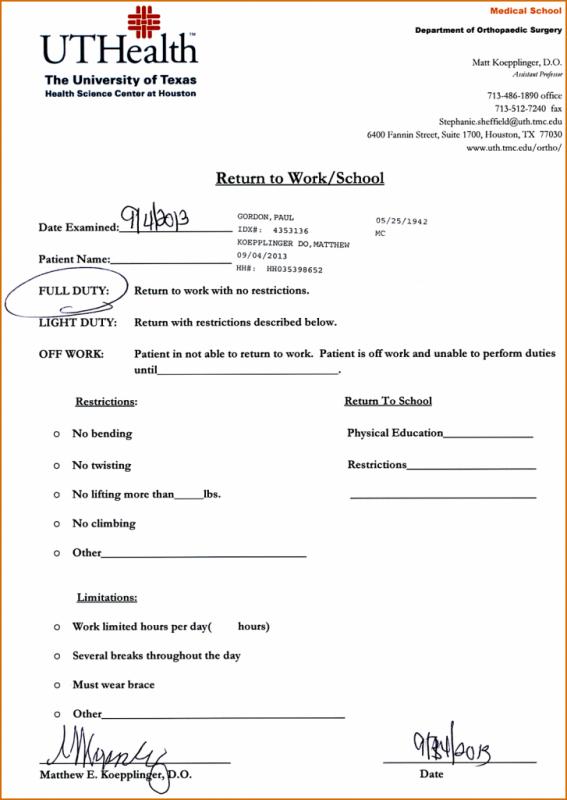 Doctor’s Note To Return To Work Template Business