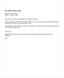 week notice letter template professional two weeks notice letter example