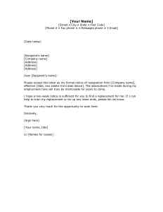 week notice letter template two weeks notice letter