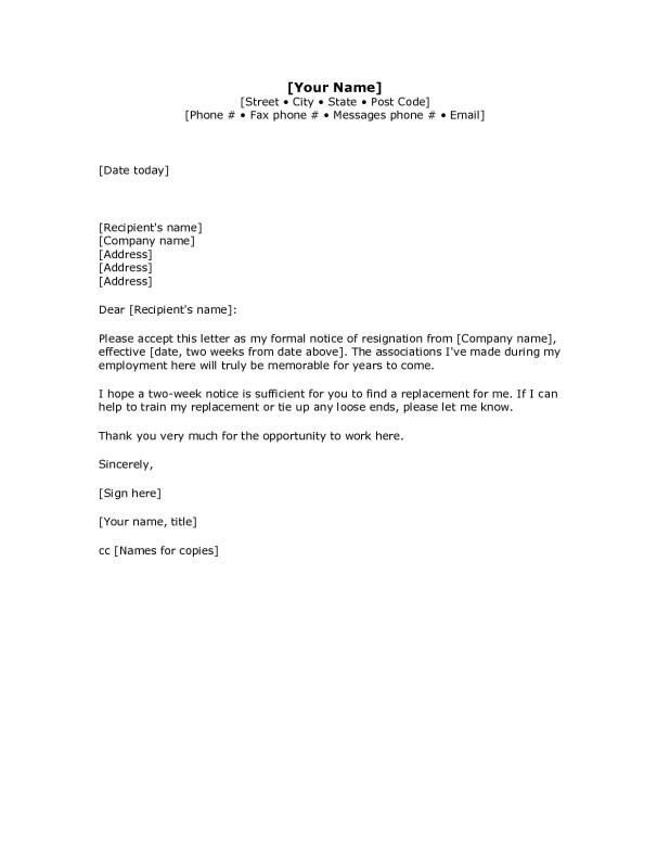 2 week notice letter template