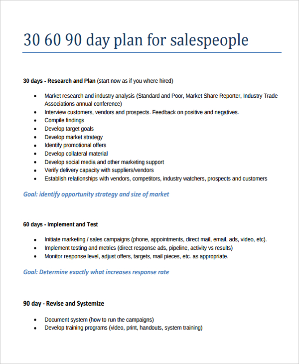 30 60 90 day sales plan template