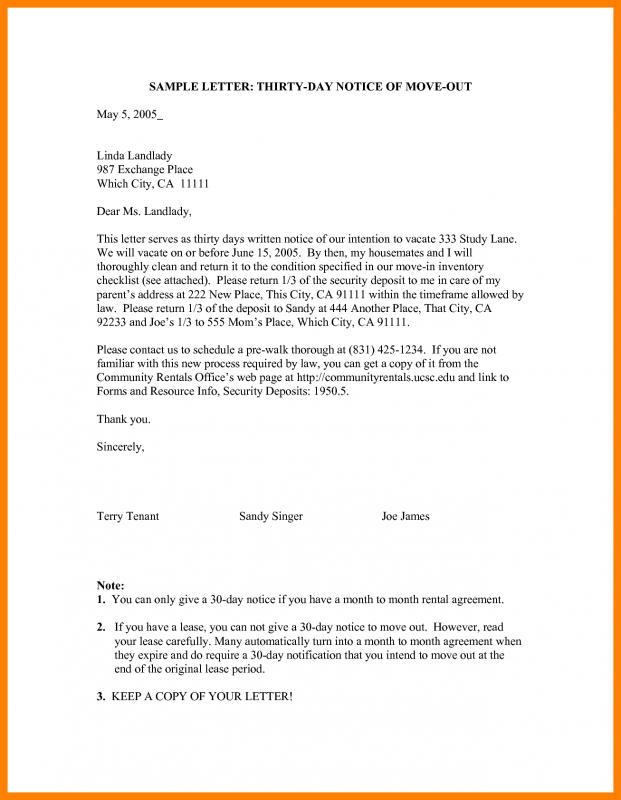 Sample Letter Of 30 Day Notice To Move Out