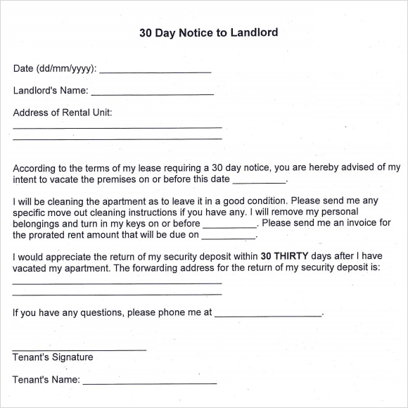 30 Day Notice To Landlord Pdf Template Business