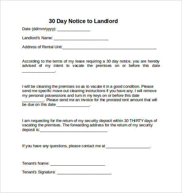 30 Day Notice To Vacate To Landlord Template