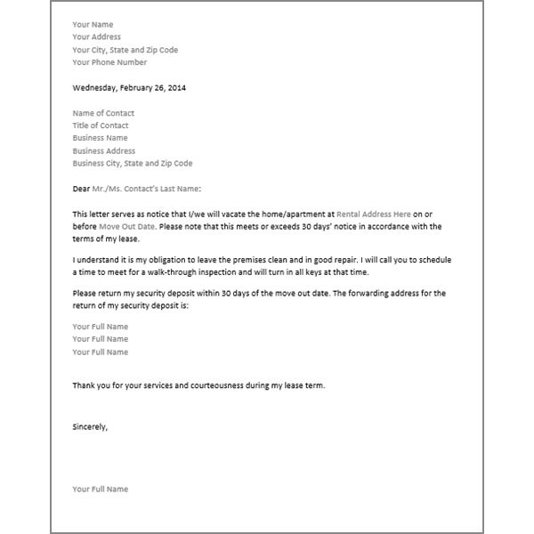 30 Day Notice To Landlord Template Template Business