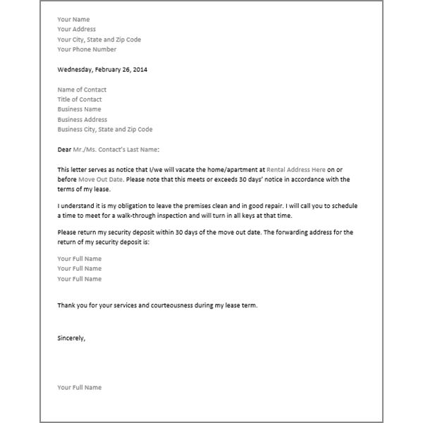 30 Day Notice To Landlord Template Pdf