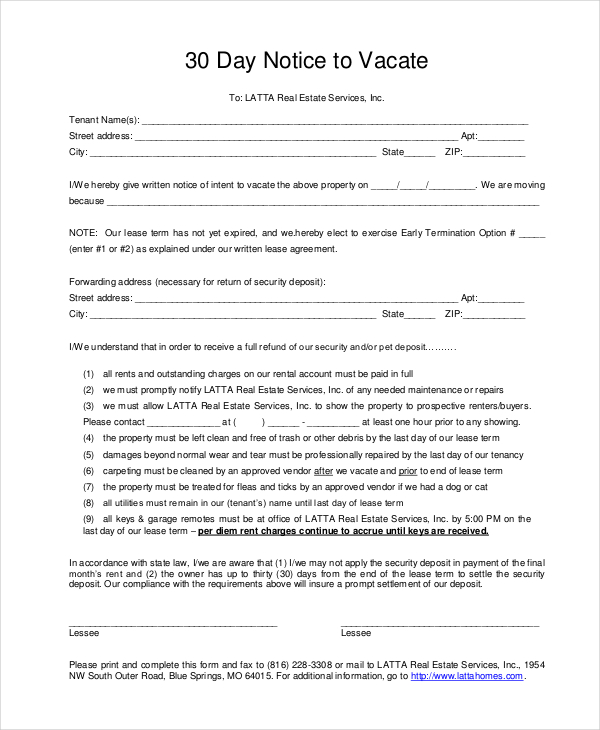 30 Day Notice To Vacate Form Template Business