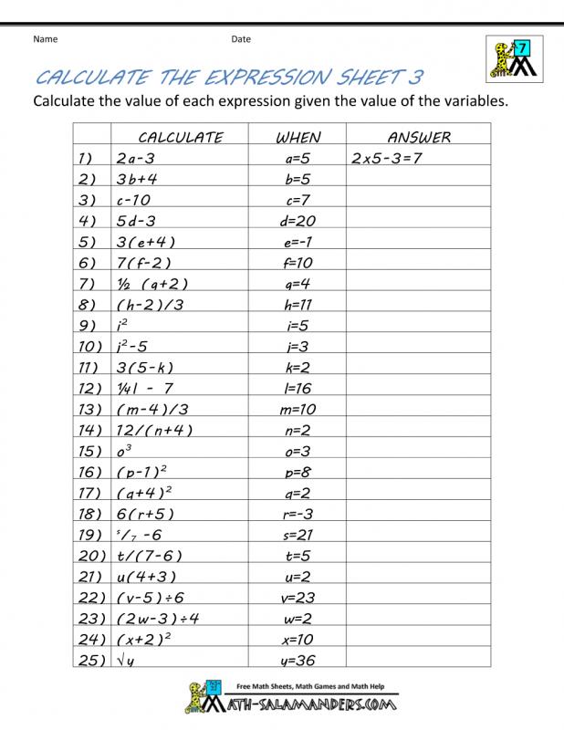 7th grade algebra worksheets