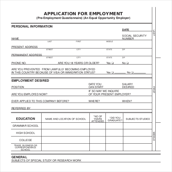 form job application doc sample Application For Employment Template Business  Form