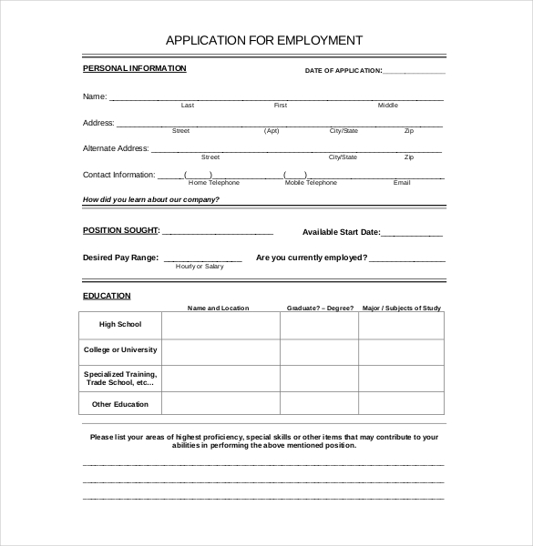 applications for employment templates