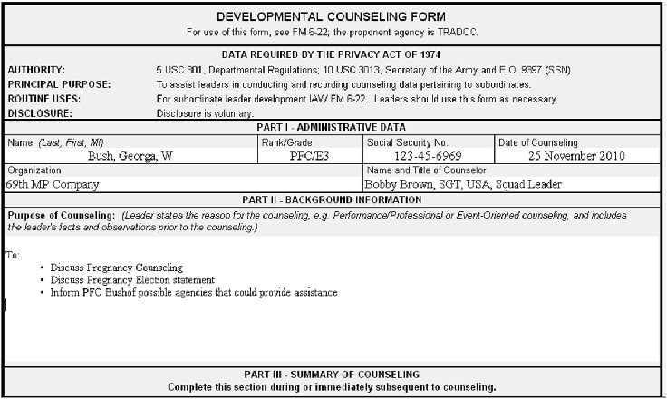 army initial counseling examples