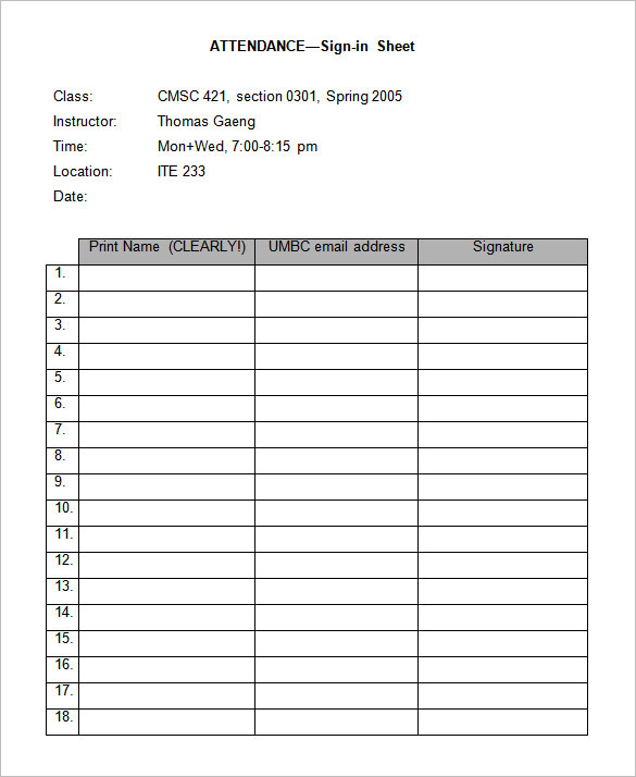 attendance sign in sheet