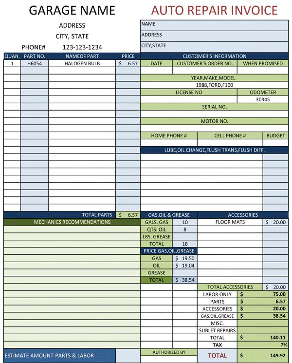 Auto Repair Invoice Example