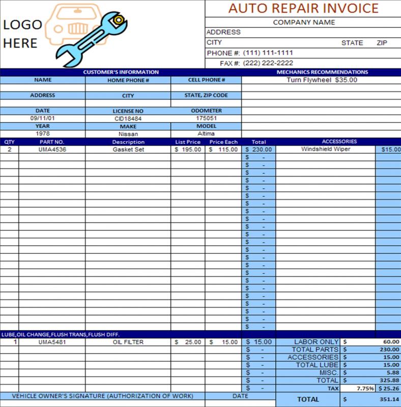 auto repair invoice