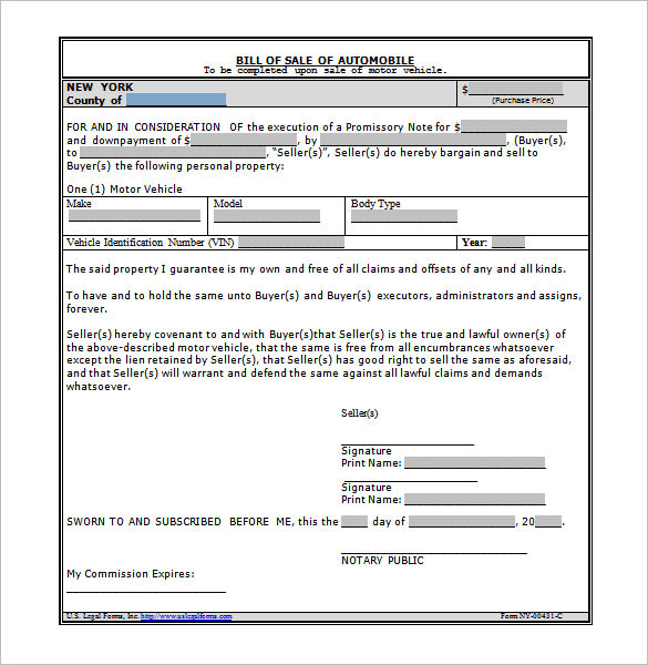 automobile bill of sale template