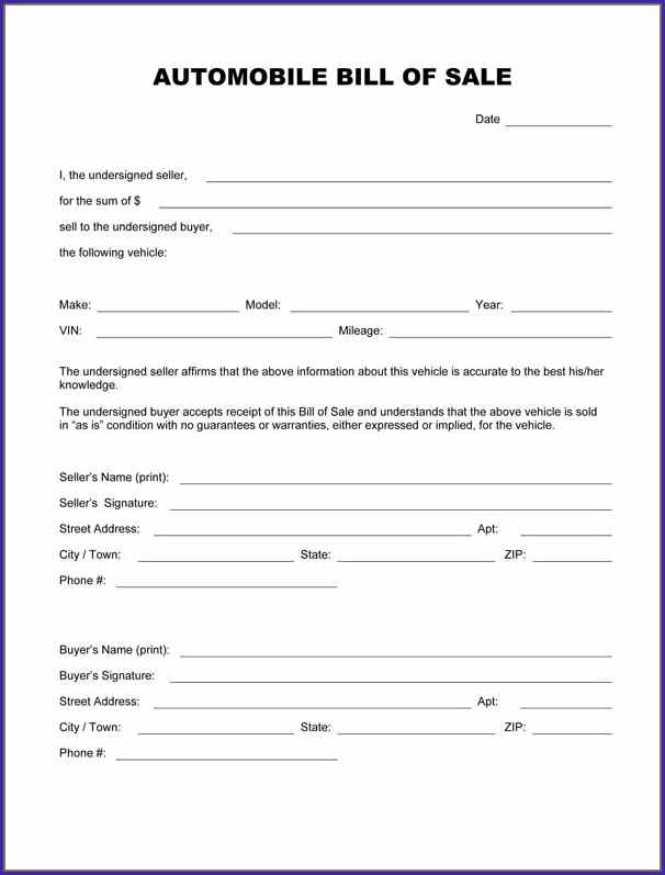 automotive bill of sale form