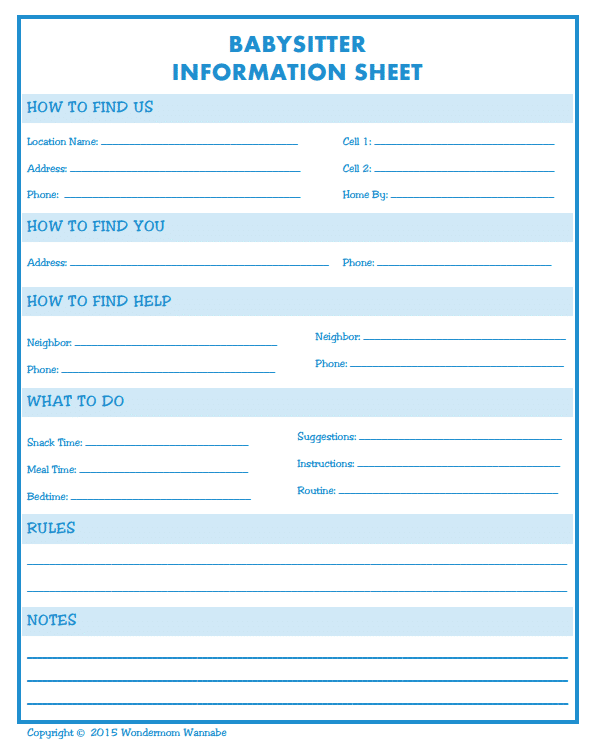 babysitter information sheets