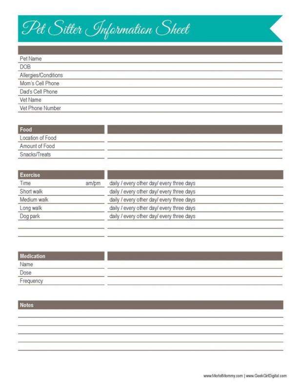 babysitter information sheets