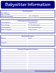 babysitters information sheet babysitter sheet