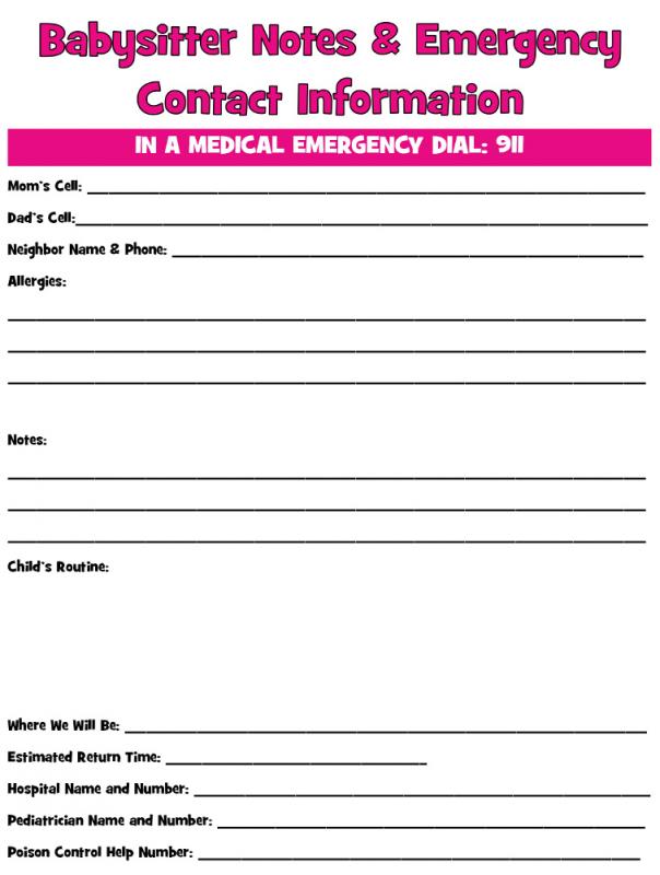 Babysitter Information Form Templates Printable Medical Forms