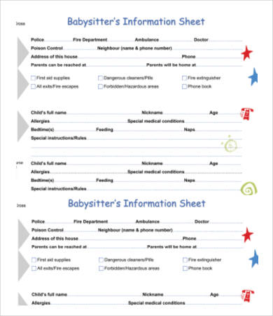 babysitters information sheet