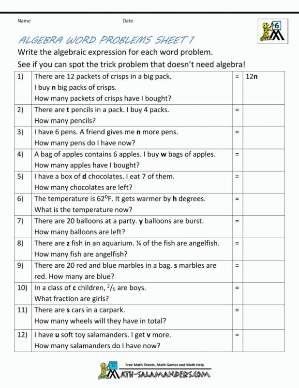 Basic Algebra Problems Worksheets