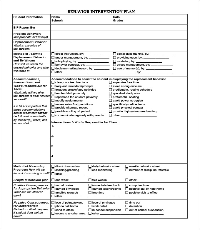 behavior intervention plan example