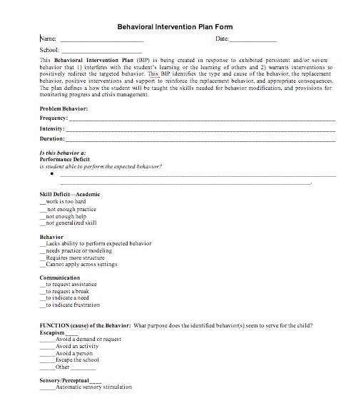 behavior intervention plan template