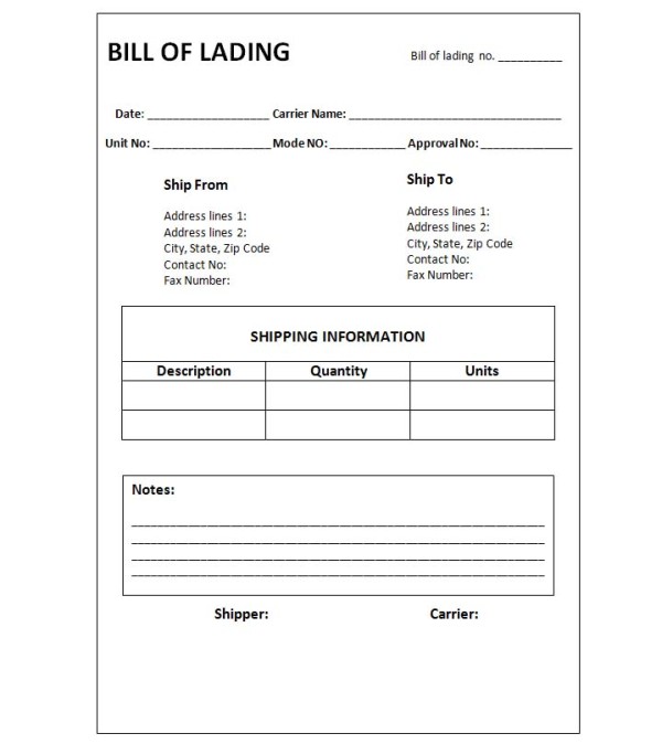 Blind Bill Of Lading Template