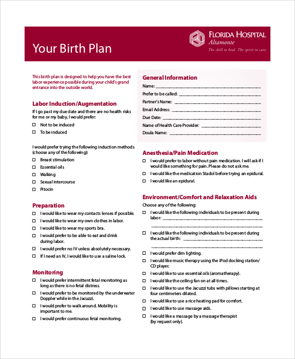 Birth Plan Samples | Template Business