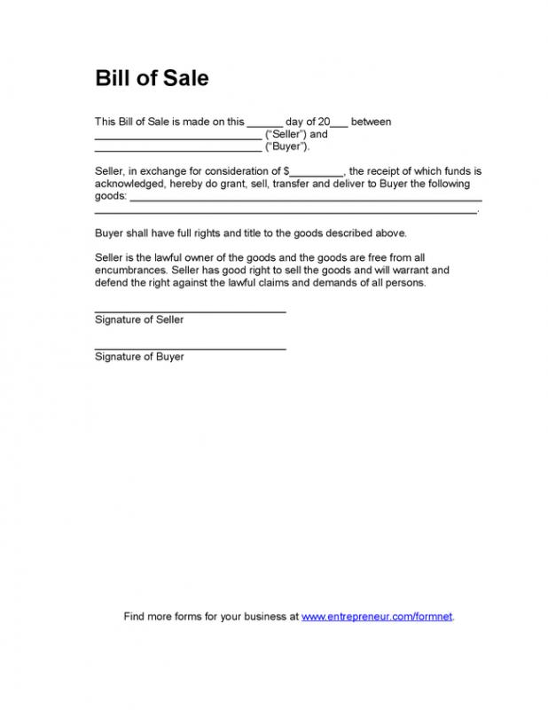 Blank Bill Of Sale Template Business