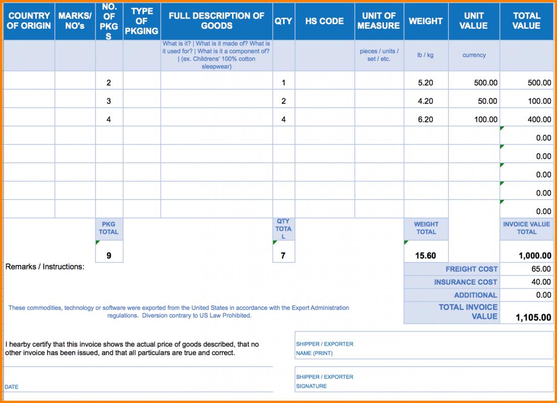 blank commercial invoice