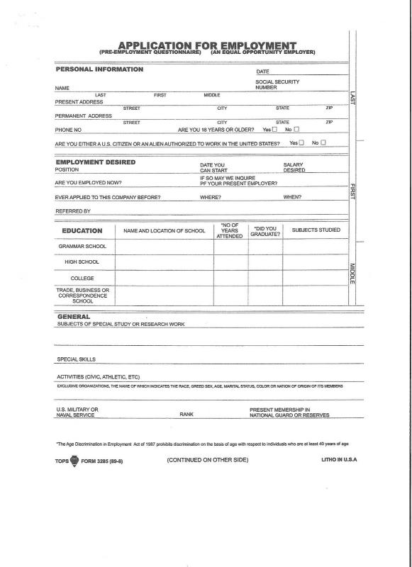 blank job application blank job application