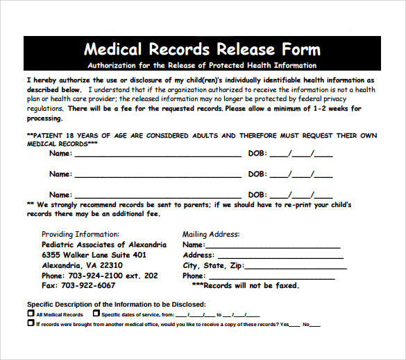 blank medical records release form