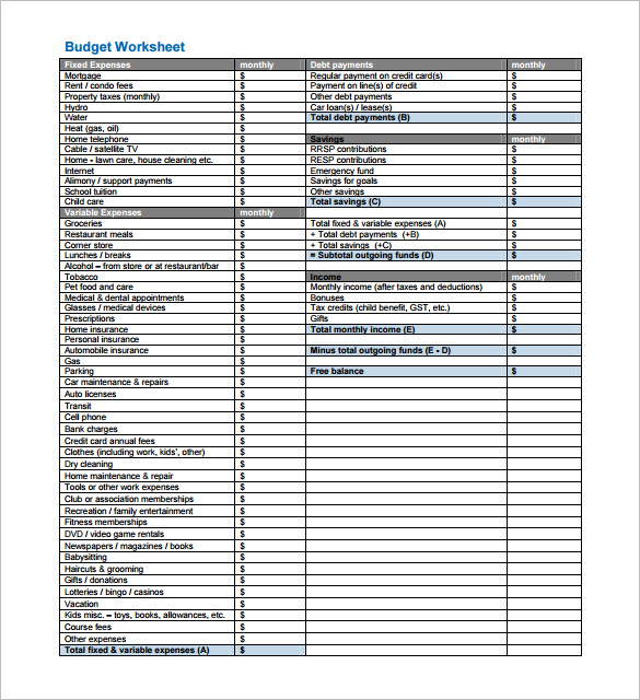 budget worksheet pdf