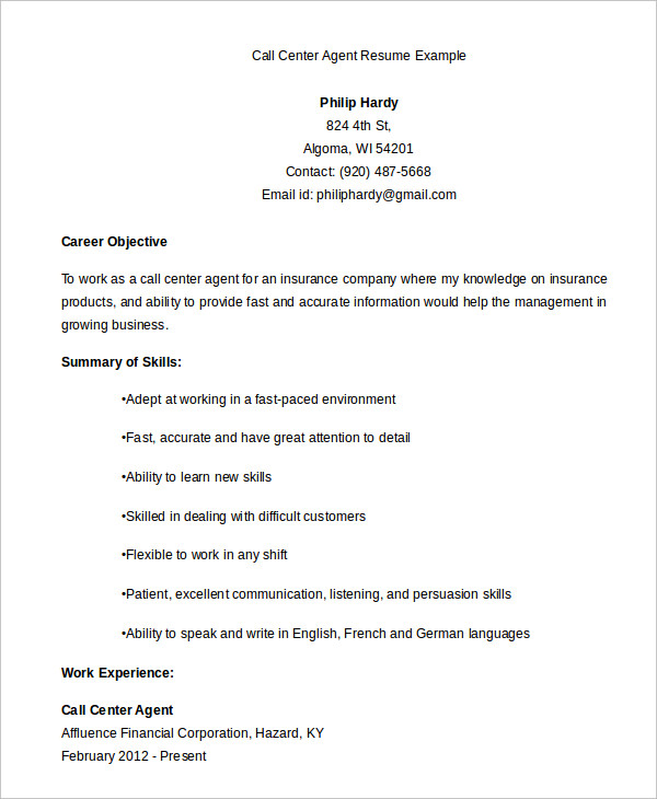 call center resume examples