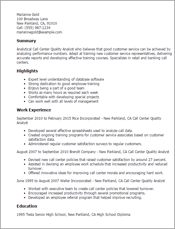 call center resume examples