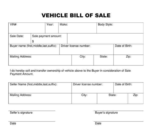 car bill of sale template word