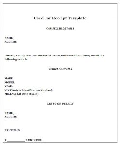 car sale receipt template used car receipt template