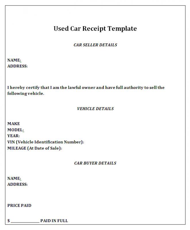 Car Sale Receipt Printable