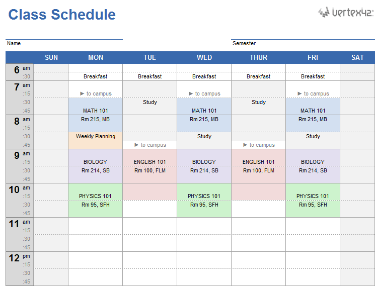 class schedule template