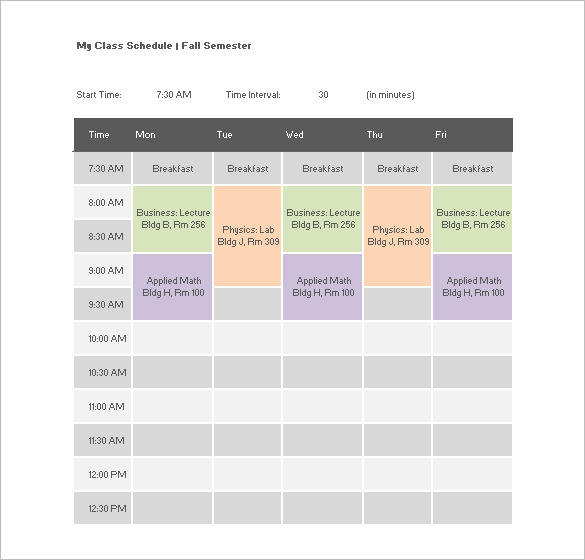 class schedule templates