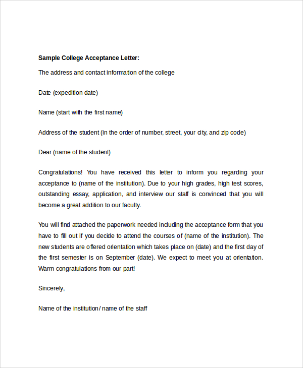 college acceptance letter sample