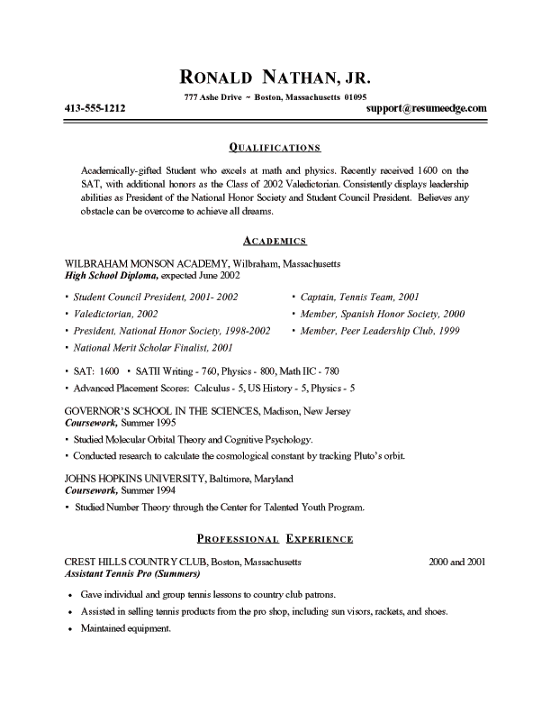 college freshman resume template