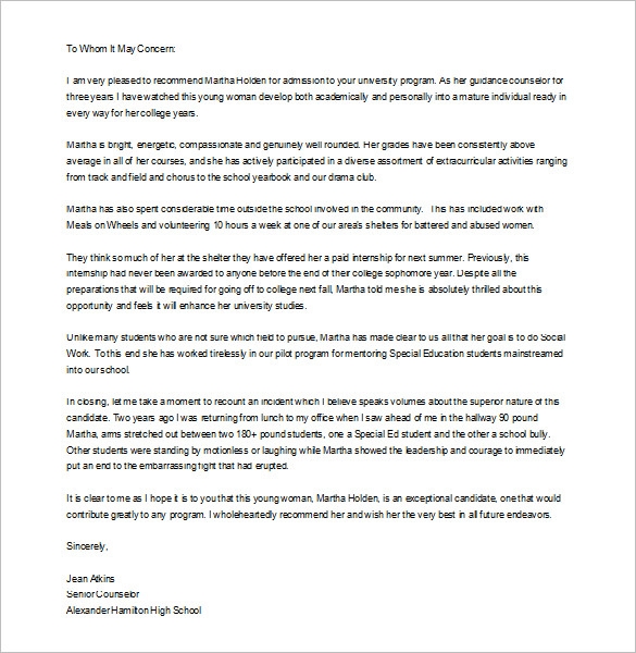 college letter of recommendation template