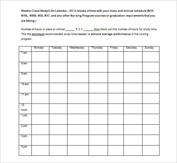 college schedule templates