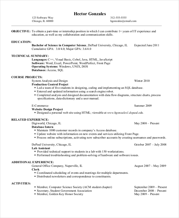 computer science entry level resume