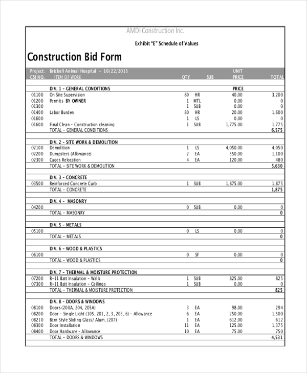 Construction Bid Template Template Business