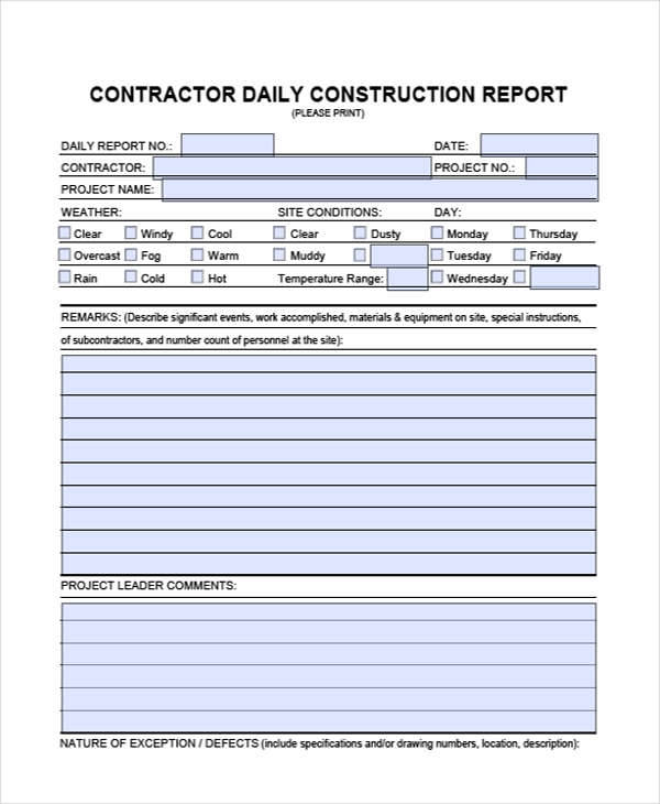 Construction Daily Report Template Business