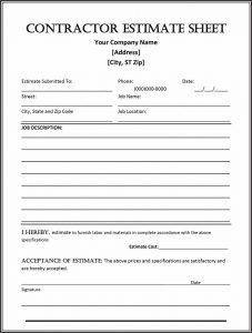 construction estimate form estimate template